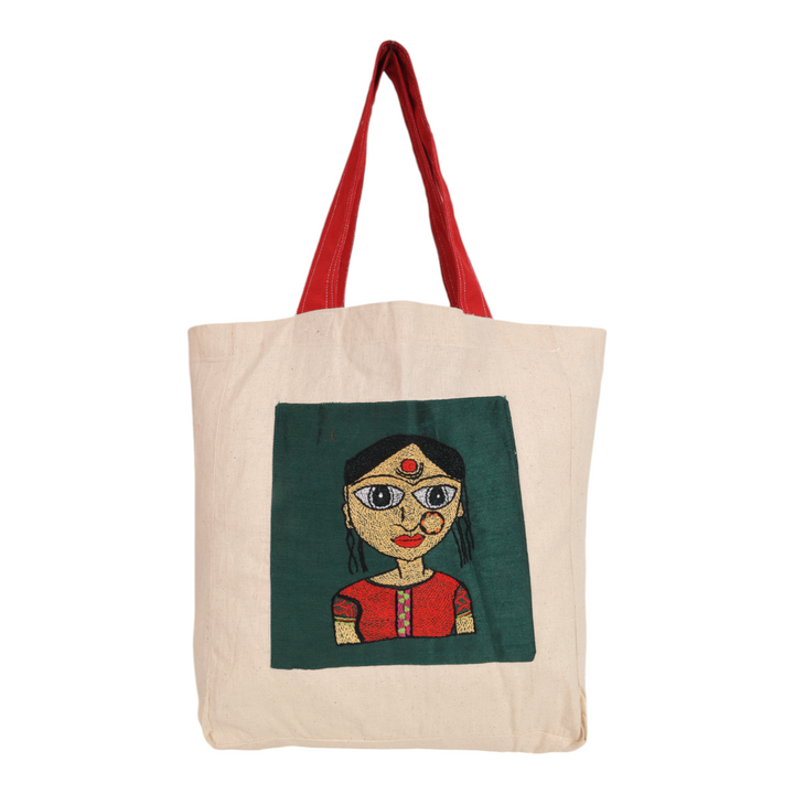 Indha Indian Girl Face Embroidery Cotton Bag – A Chic and Artistic Tote for Everyday Style and Unique Expression