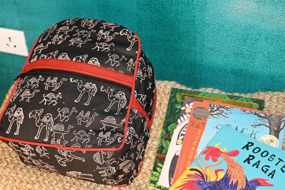 INDHA Kids Backpack Bag | Black Denim Kids Backpack Bag | Hand Block Printed White Camel Design Motif | Kids Bag | School Bag | Gifting | Handmade | Denim Bag | Bag For Kids
