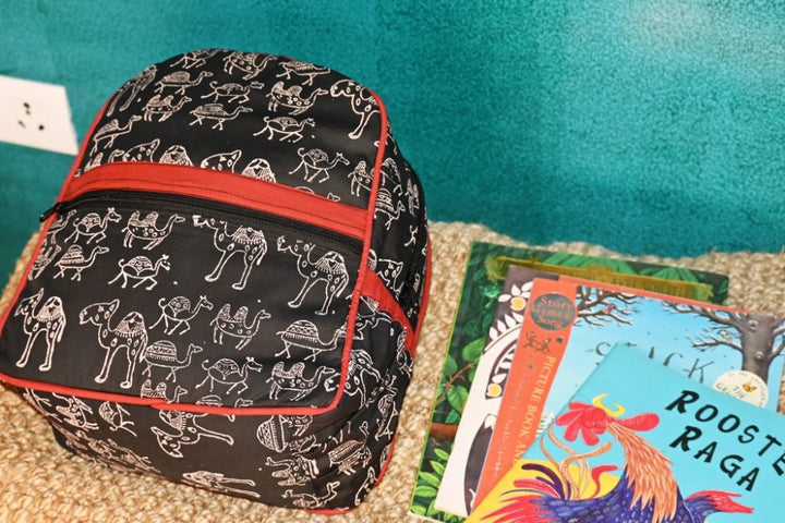 INDHA Kids Backpack Bag | Black Denim Kids Backpack Bag | Hand Block Printed White Camel Design Motif | Kids Bag | School Bag | Gifting | Handmade | Denim Bag | Bag For Kids