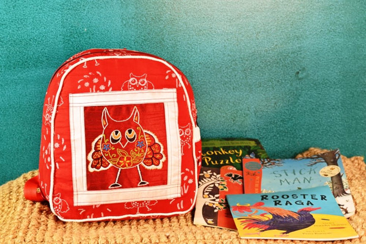 INDHA Kids Backpack Bag | Handcrafted Backpack Bag | Red Cotton Kids Backpack Bag | Hand Block Printed Owl And Turtle Design Motif | Maroon Dupion Silk |