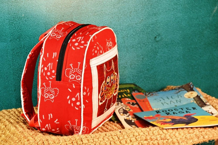 INDHA Kids Backpack Bag | Handcrafted Backpack Bag | Red Cotton Kids Backpack Bag | Hand Block Printed Owl And Turtle Design Motif | Maroon Dupion Silk |
