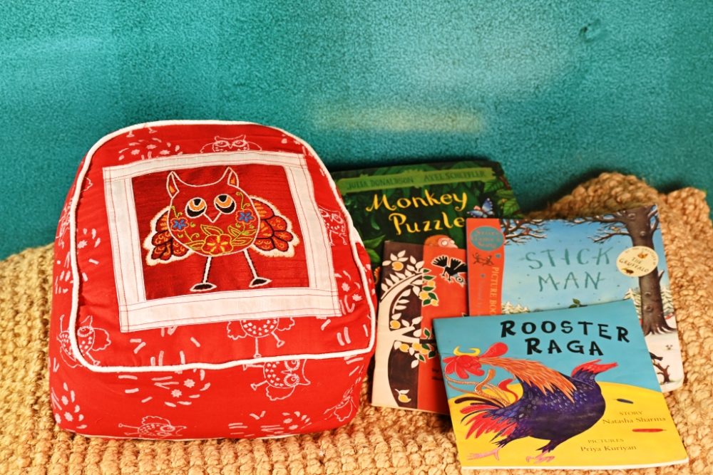 INDHA Kids Backpack Bag | Handcrafted Backpack Bag | Red Cotton Kids Backpack Bag | Hand Block Printed Owl And Turtle Design Motif | Maroon Dupion Silk |