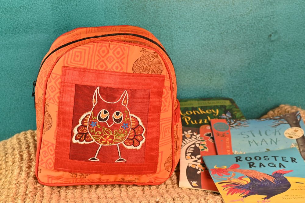 INDHA Kids Backpack Bag | Handcrafted Backpack Bag | Orange Cotton Kids Backpack Bag | Hand Block Printed Owl And Geometric Design Motif |