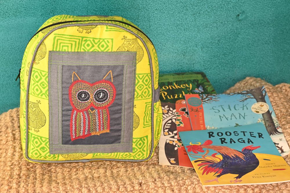INDHA Kids Backpack Bag | Handcrafted Backpack Bag | Lemon Green Cotton Kids Backpack Bag | Hand Block Printed Owl And Geometric Design Motif |