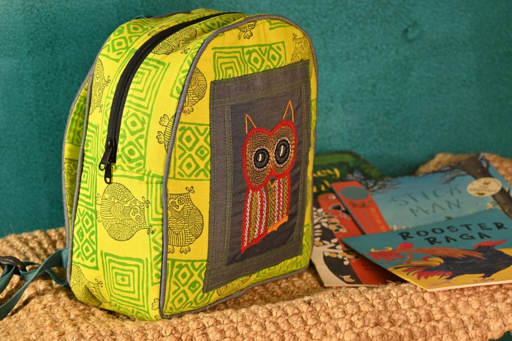 INDHA Kids Backpack Bag | Handcrafted Backpack Bag | Lemon Green Cotton Kids Backpack Bag | Hand Block Printed Owl And Geometric Design Motif |