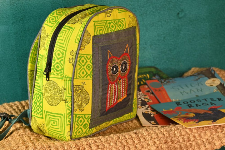 INDHA Kids Backpack Bag | Handcrafted Backpack Bag | Lemon Green Cotton Kids Backpack Bag | Hand Block Printed Owl And Geometric Design Motif |