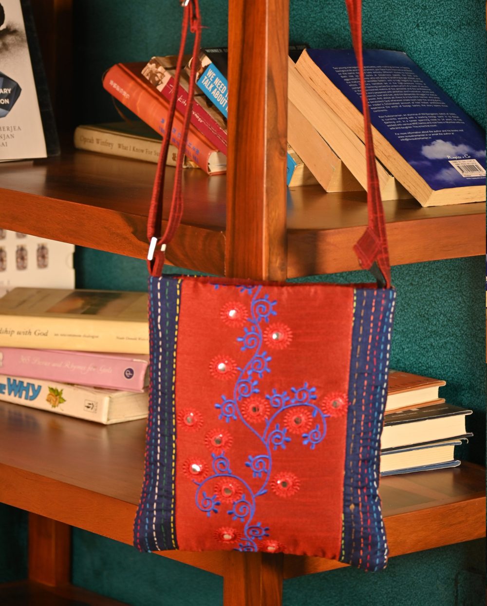 INDHA Sling Bag| Handcrafted Kantha Embroidered Sling Bag| Red And Navy Blue Dupion Silk Sling Bag| Hand Embroidered Blue Design Pattern | Hand Embroidered Multicolor Kantha Work |