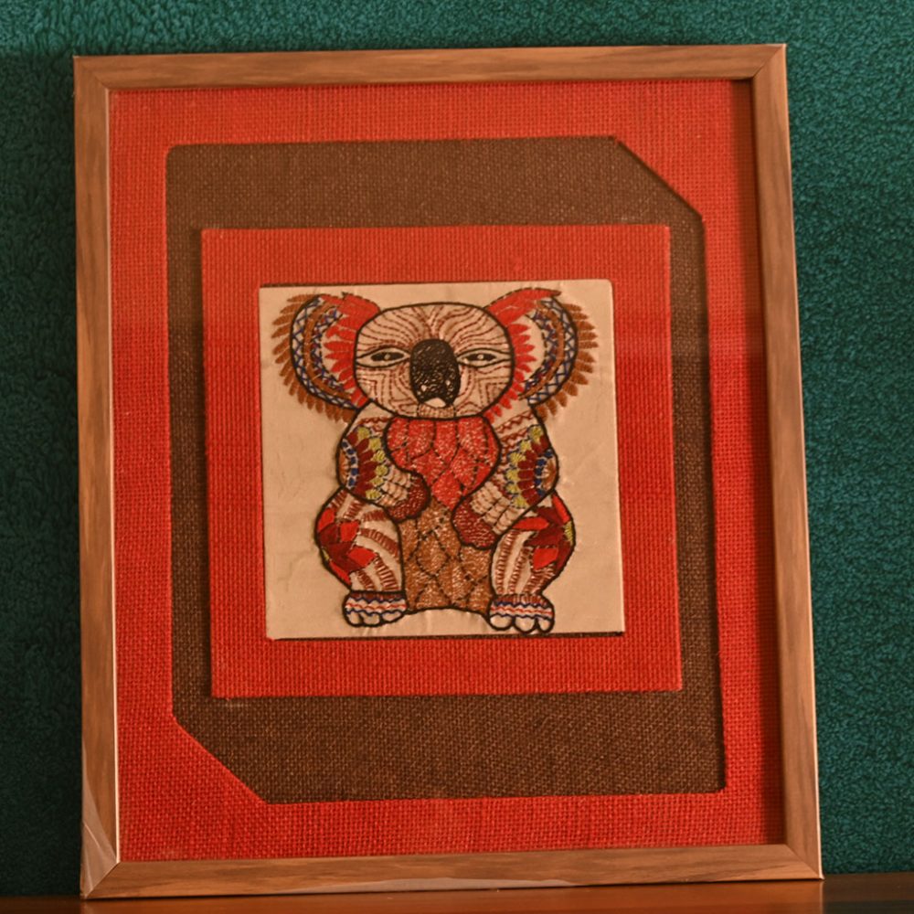 INDHA Handcrafted Wall Décor | Red And Brown Jute Wall Décor | Reprocessed Wood Wooden Frame | Off White Dupion Silk |