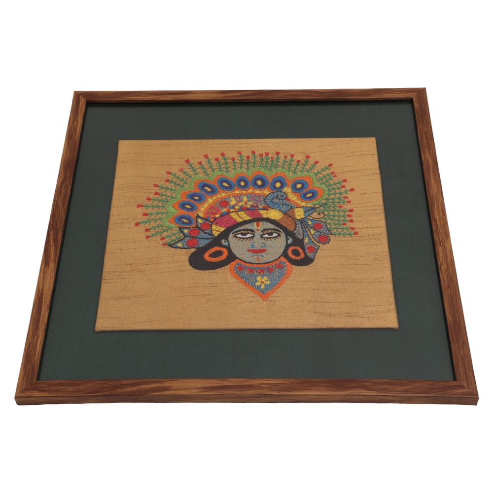 Indha Hand-Embroidered Lord Krishna Face Embroidery Wall Art Décor | Religious Gift - for Home, Living Room, Office, Puja , Entrance Decoration