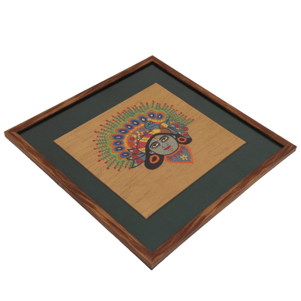 Indha Hand-Embroidered Lord Krishna Face Embroidery Wall Art Décor | Religious Gift - for Home, Living Room, Office, Puja , Entrance Decoration