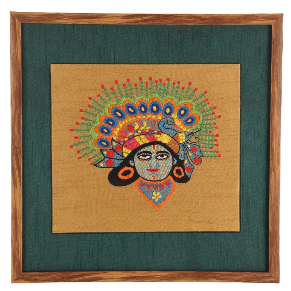 Indha Hand-Embroidered Lord Krishna Face Embroidery Wall Art Décor | Religious Gift - for Home, Living Room, Office, Puja , Entrance Decoration