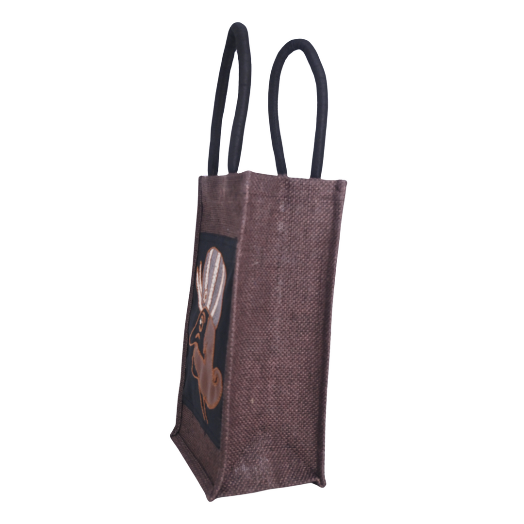 Indha Dark Brown Jute Bottle Carry Bag – Witty Birbal Appliqué Patch | Eco-Friendly, Handcrafted