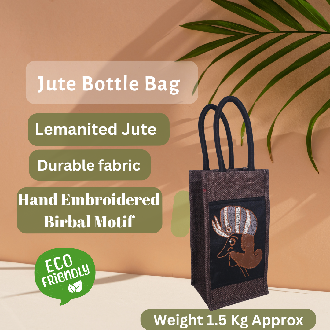 Indha Dark Brown Jute Bottle Carry Bag – Witty Birbal Appliqué Patch | Eco-Friendly, Handcrafted