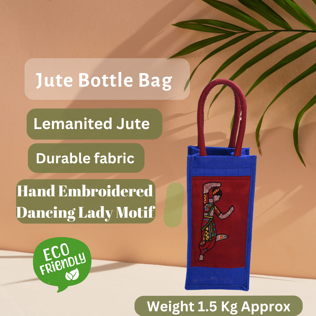 Indha Blue Jute Bottle Carry Bag – Dancing Lady Appliqué | Eco-Friendly &amp; Handcrafted