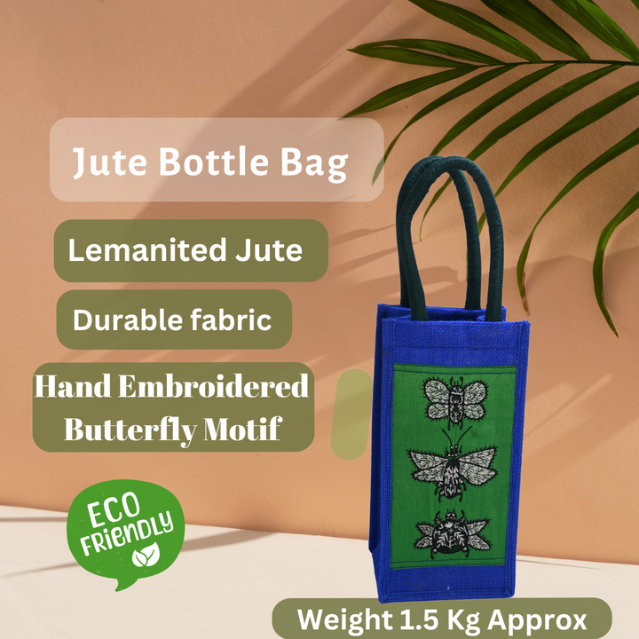 Indha Jute Bottle Cover – Bee Embroidery in Blue | Eco-Friendly &amp; Handcrafted Gift