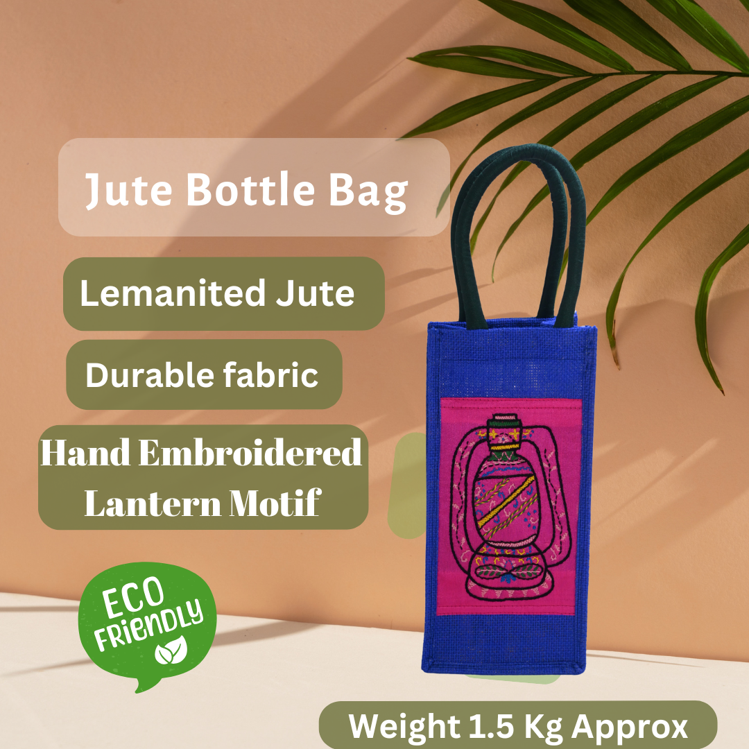 Indha Jute Bottle Bag – Lantern Embroidery in Blue | Eco-Friendly Gift Bag
