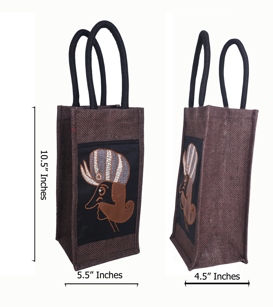 Indha Dark Brown Jute Bottle Carry Bag – Witty Birbal Appliqué Patch | Eco-Friendly, Handcrafted