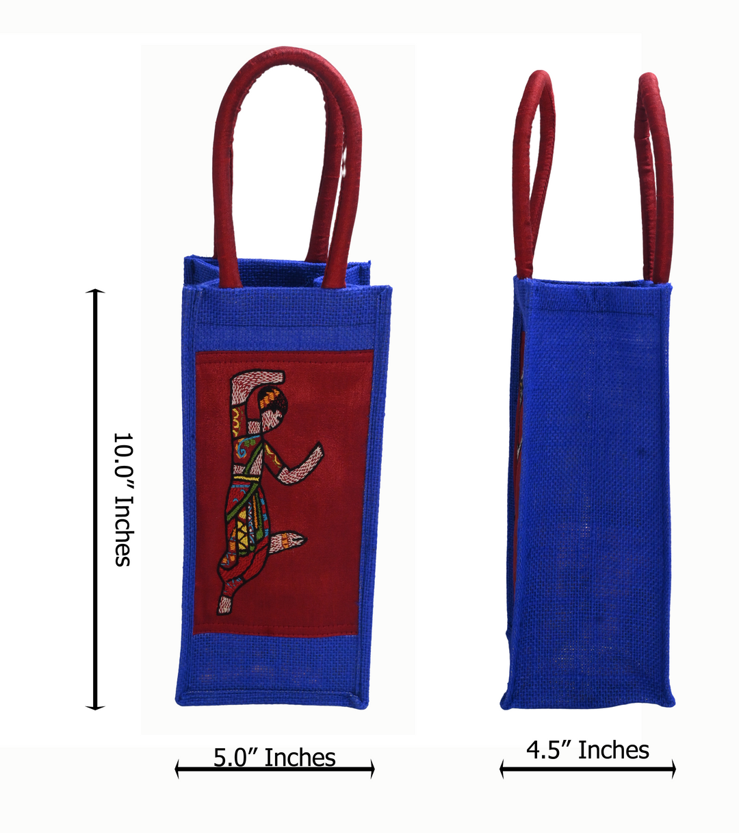 Indha Blue Jute Bottle Carry Bag – Dancing Lady Appliqué | Eco-Friendly &amp; Handcrafted