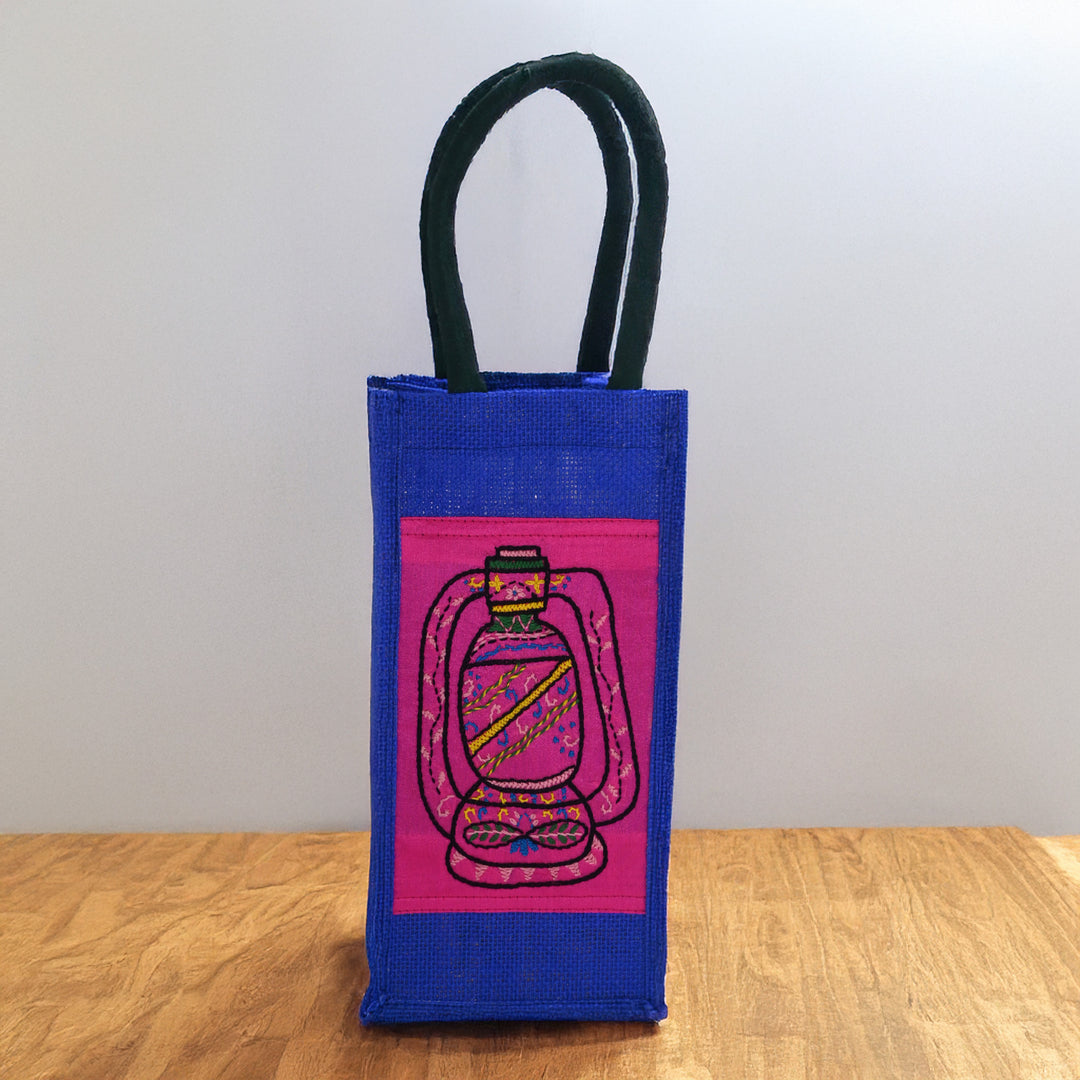 Indha Jute Bottle Bag – Lantern Embroidery in Blue | Eco-Friendly Gift Bag