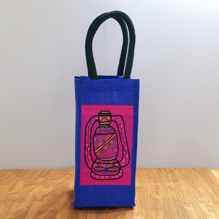 Indha Jute Bottle Bag – Lantern Embroidery in Blue | Eco-Friendly Gift Bag
