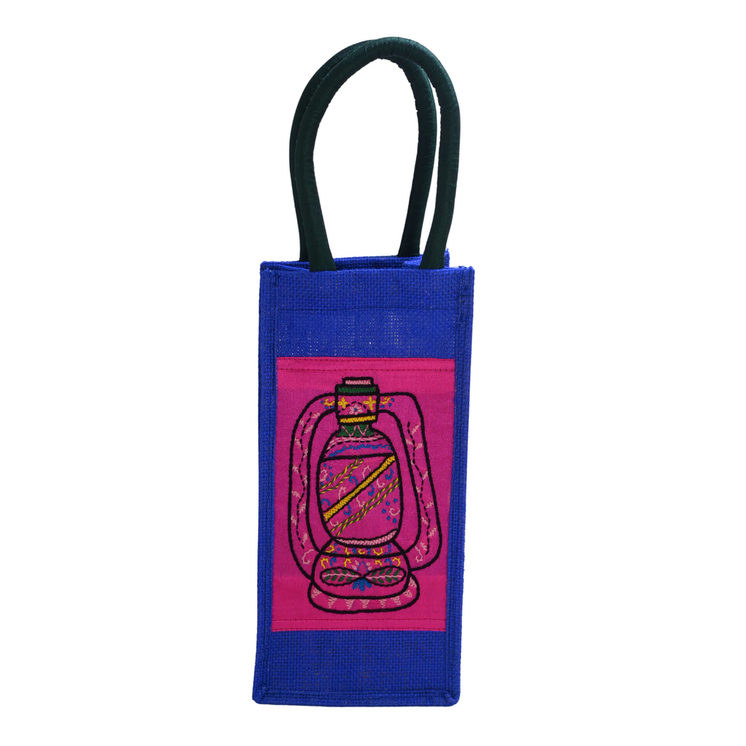 Indha Jute Bottle Bag – Lantern Embroidery in Blue | Eco-Friendly Gift Bag