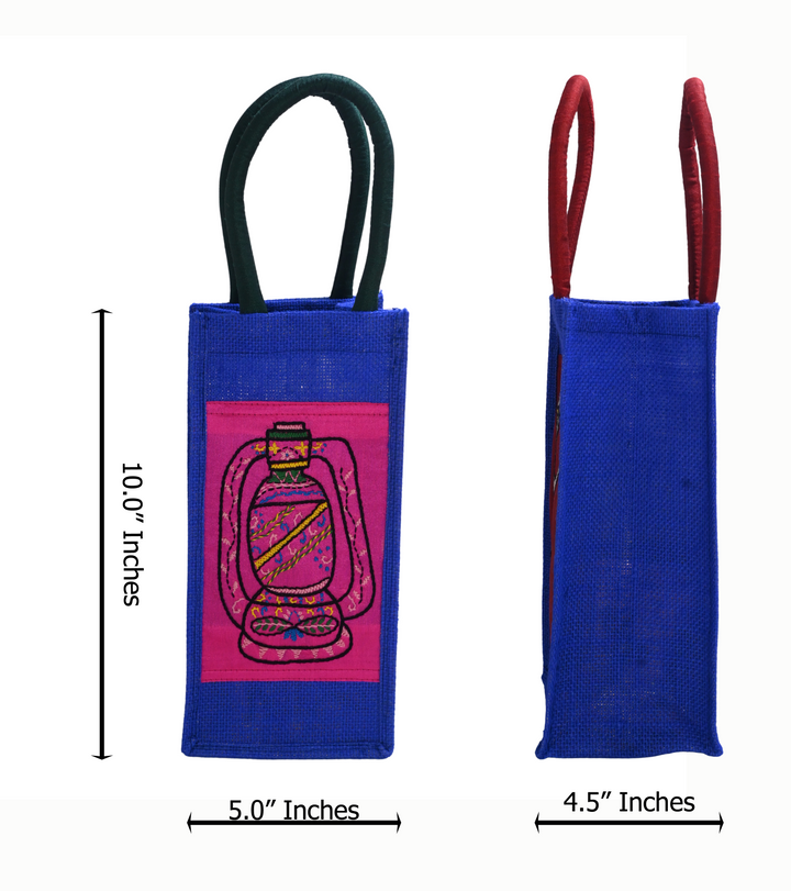 Indha Jute Bottle Bag – Lantern Embroidery in Blue | Eco-Friendly Gift Bag