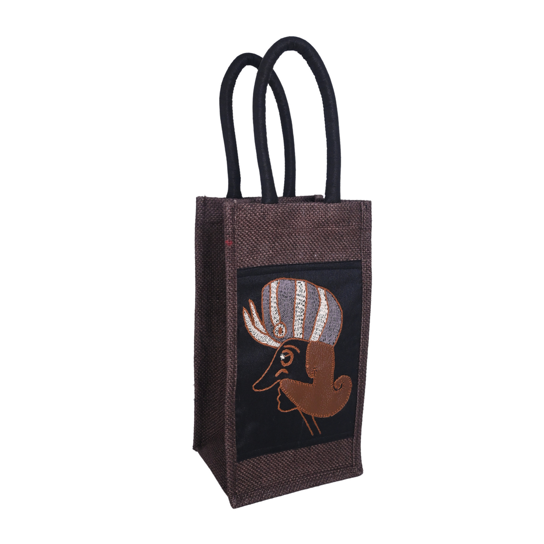 Indha Dark Brown Jute Bottle Carry Bag – Witty Birbal Appliqué Patch | Eco-Friendly, Handcrafted