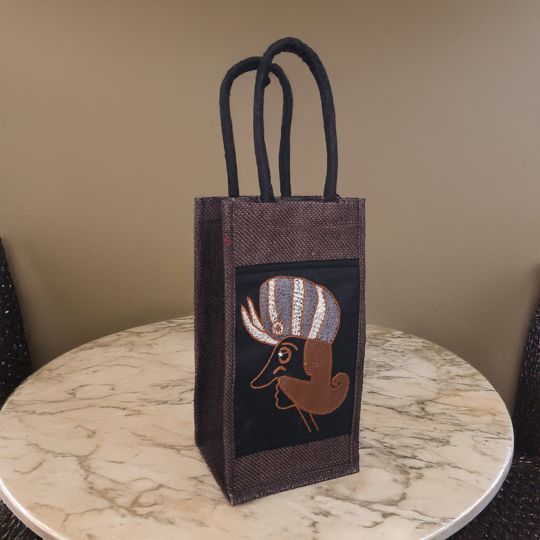 Indha Dark Brown Jute Bottle Carry Bag – Witty Birbal Appliqué Patch | Eco-Friendly, Handcrafted