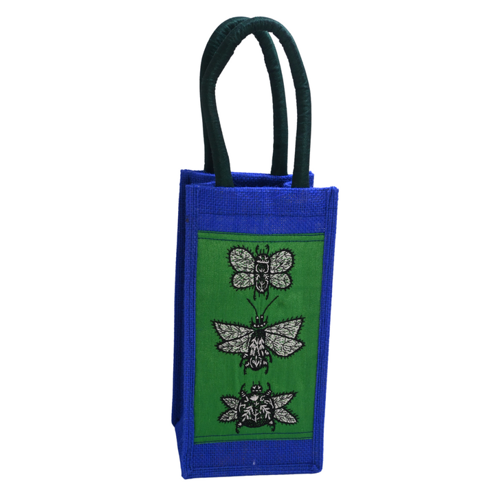 Indha Jute Bottle Cover – Bee Embroidery in Blue | Eco-Friendly &amp; Handcrafted Gift