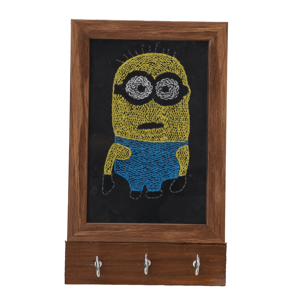 Indha Handcrafted Key Chain Holder For Wall | Black Dupion Silk Key Holder| Hand Embroidered Chain Stitch And Kantha Work Yellow-Blue Minion Design | Pine Wood Key Holder |