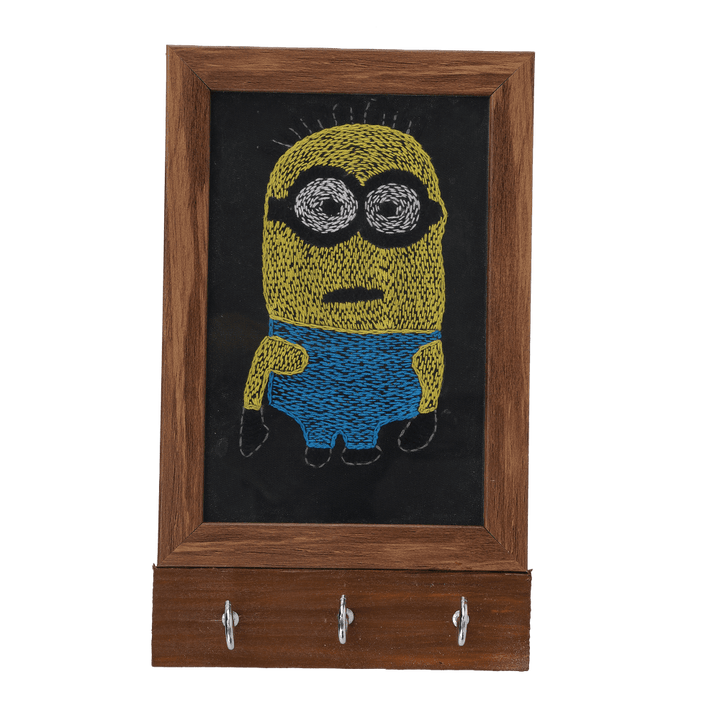 Indha Handcrafted Key Chain Holder For Wall | Black Dupion Silk Key Holder| Hand Embroidered Chain Stitch And Kantha Work Yellow-Blue Minion Design | Pine Wood Key Holder |