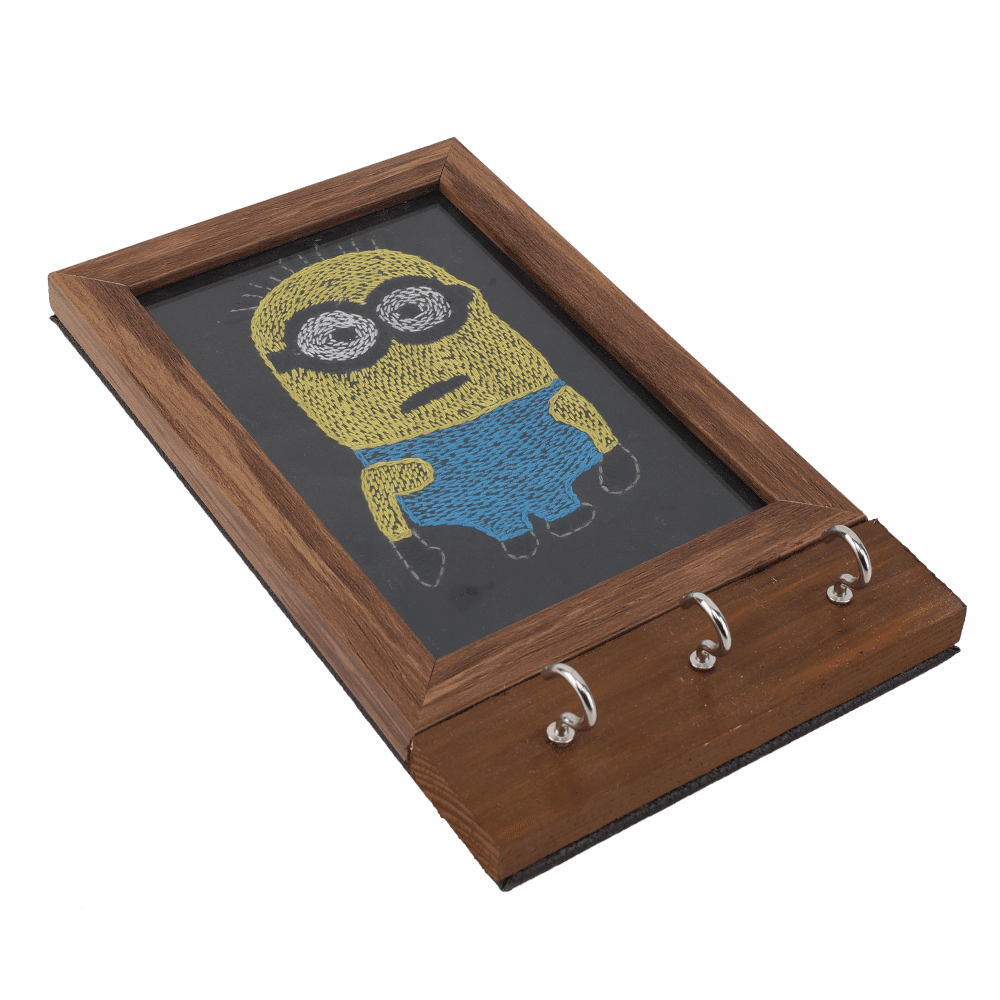 Indha Handcrafted Key Chain Holder For Wall | Black Dupion Silk Key Holder| Hand Embroidered Chain Stitch And Kantha Work Yellow-Blue Minion Design | Pine Wood Key Holder |