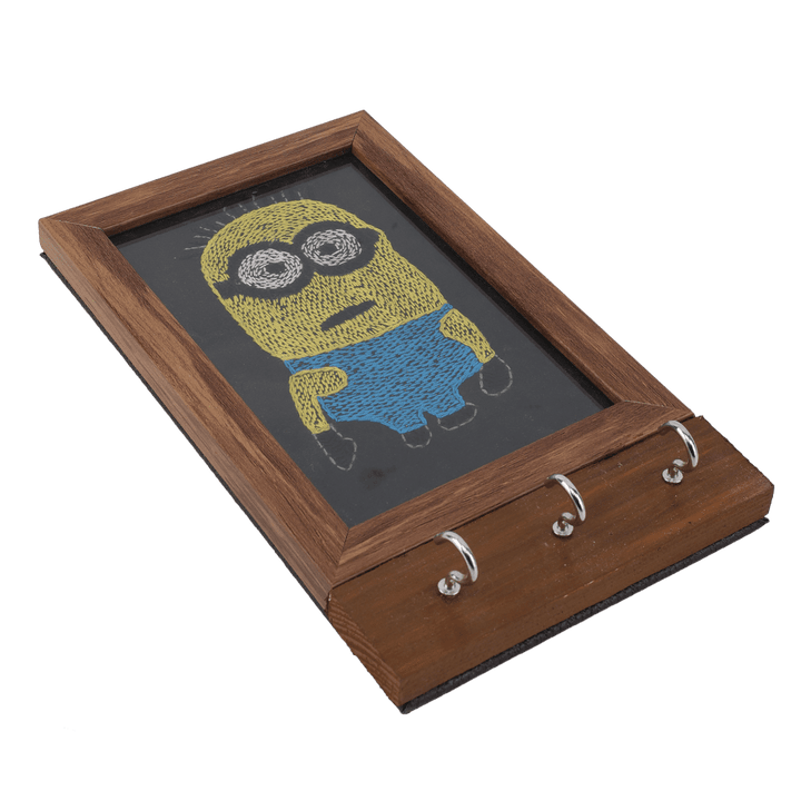 Indha Handcrafted Key Chain Holder For Wall | Black Dupion Silk Key Holder| Hand Embroidered Chain Stitch And Kantha Work Yellow-Blue Minion Design | Pine Wood Key Holder |