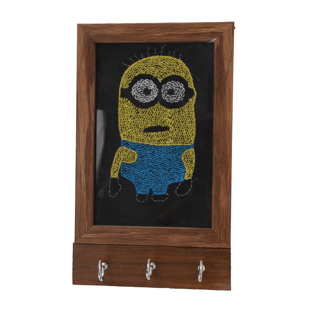 Indha Handcrafted Key Chain Holder For Wall | Black Dupion Silk Key Holder| Hand Embroidered Chain Stitch And Kantha Work Yellow-Blue Minion Design | Pine Wood Key Holder |