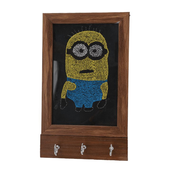 Indha Handcrafted Key Chain Holder For Wall | Black Dupion Silk Key Holder| Hand Embroidered Chain Stitch And Kantha Work Yellow-Blue Minion Design | Pine Wood Key Holder |