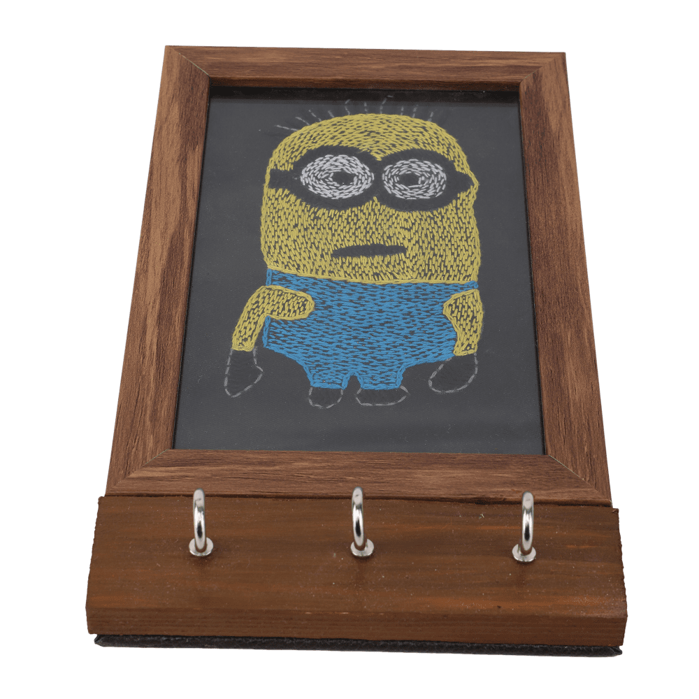 Indha Handcrafted Key Chain Holder For Wall | Black Dupion Silk Key Holder| Hand Embroidered Chain Stitch And Kantha Work Yellow-Blue Minion Design | Pine Wood Key Holder |