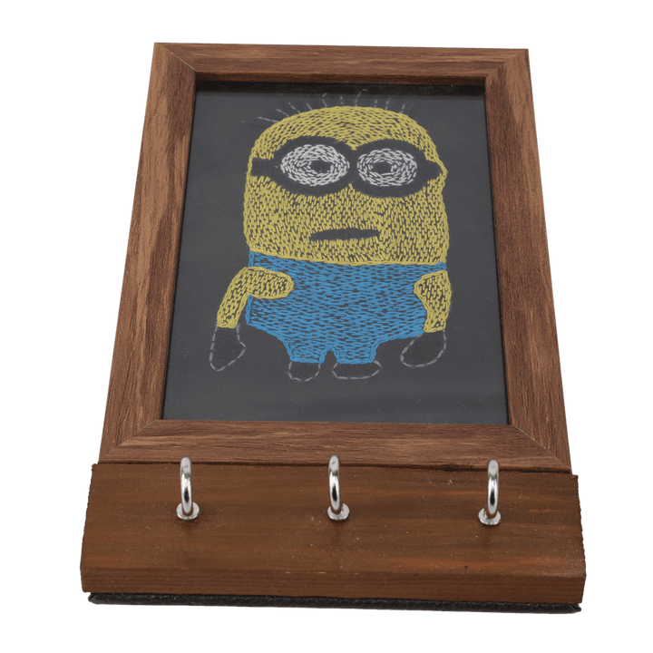 Indha Handcrafted Key Chain Holder For Wall | Black Dupion Silk Key Holder| Hand Embroidered Chain Stitch And Kantha Work Yellow-Blue Minion Design | Pine Wood Key Holder |