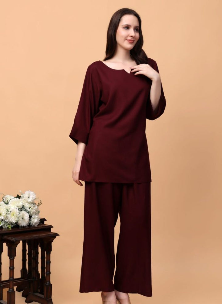 Indha Maroon Colour Coord Set for Women Fashion for Any Occasion  | Comfortable Cotton Sleepwear