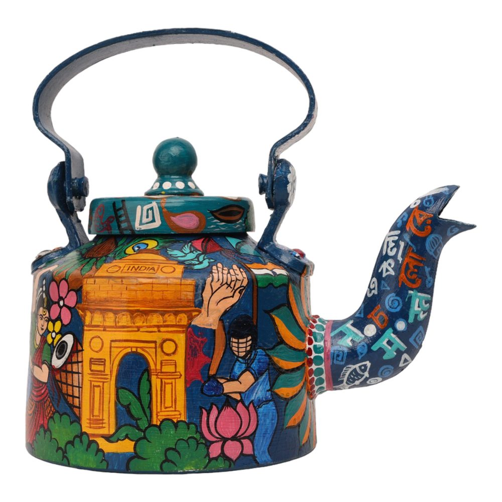 INDHA Decorative Aluminum Hand Painted Kettle Namaste India Theme Print | Hand-Painted Kettle Multicolour | Exquisite Design Kettle | Gift Piece | Home Decor