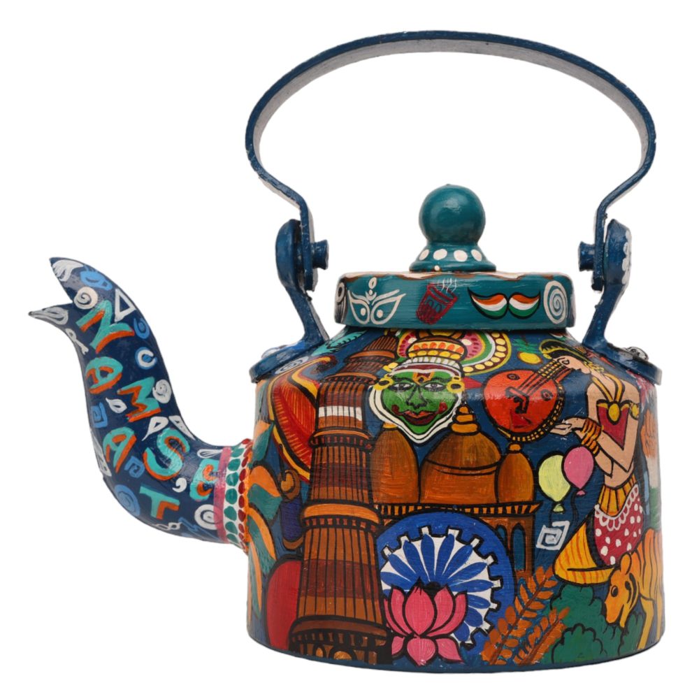 INDHA Decorative Aluminum Hand Painted Kettle Namaste India Theme Print | Hand-Painted Kettle Multicolour | Exquisite Design Kettle | Gift Piece | Home Decor