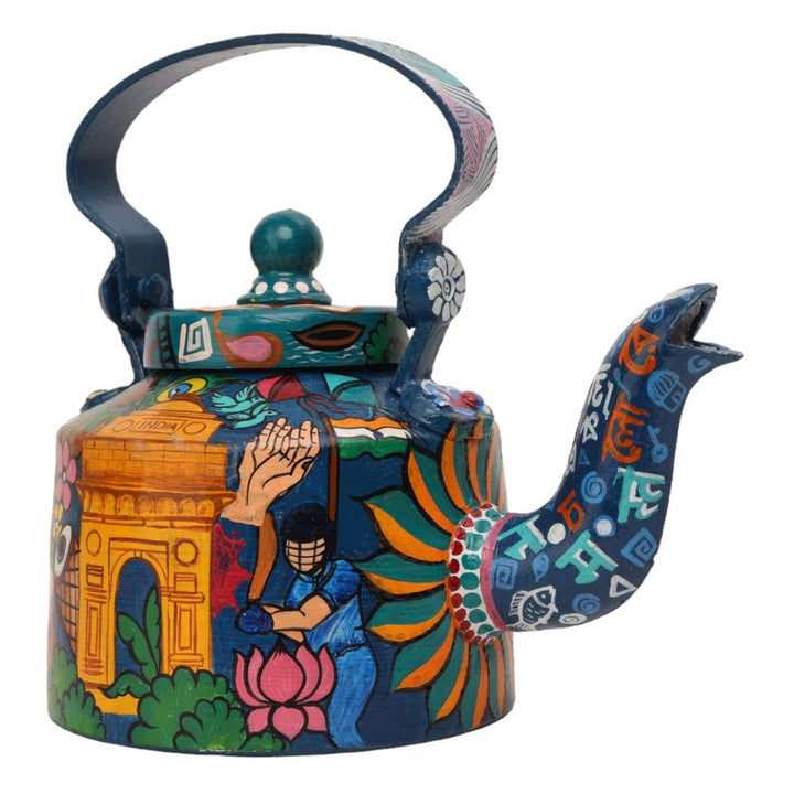 INDHA Decorative Aluminum Hand Painted Kettle Namaste India Theme Print | Hand-Painted Kettle Multicolour | Exquisite Design Kettle | Gift Piece | Home Decor