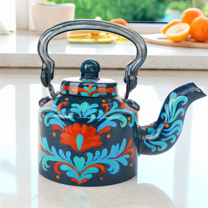 Indha Hand-Painted Aluminium Kettle – Floral Table Décor Showpiece | Vintage-Style Home Decoration | Colourful Gift for Living Room, Office & Festive Gifting | Handmade in India