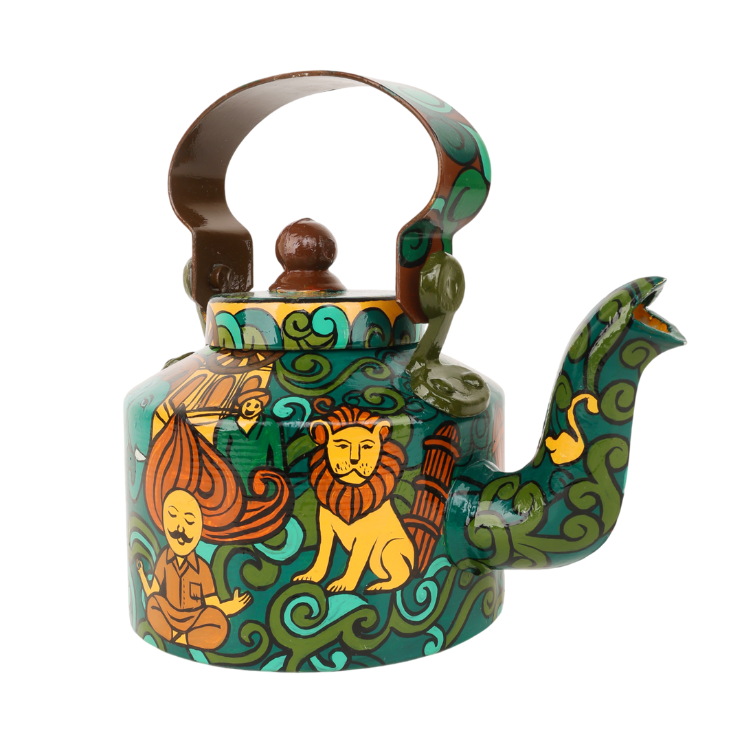 INDHA Hand-Painted Aluminum Decorative Kettle – Meditating Figure, Lion & Elephant Art | Nature-Inspired Floral Design | 1-Litre | Home Décor, Tea Serving & Gifting
