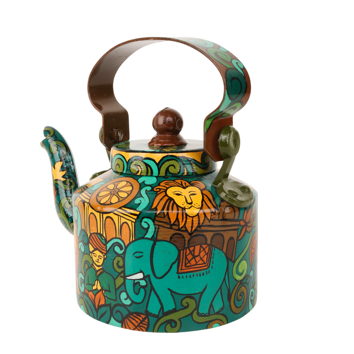 INDHA Hand-Painted Aluminum Decorative Kettle – Meditating Figure, Lion & Elephant Art | Nature-Inspired Floral Design | 1-Litre | Home Décor, Tea Serving & Gifting