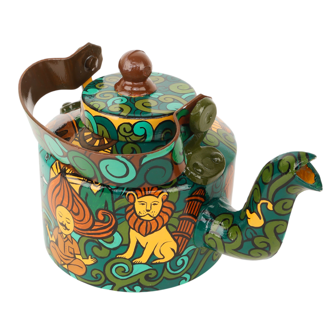INDHA Hand-Painted Aluminum Decorative Kettle – Meditating Figure, Lion & Elephant Art | Nature-Inspired Floral Design | 1-Litre | Home Décor, Tea Serving & Gifting