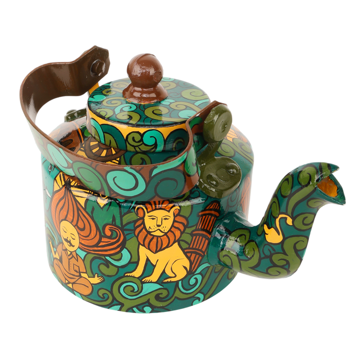 INDHA Hand-Painted Aluminum Decorative Kettle – Meditating Figure, Lion & Elephant Art | Nature-Inspired Floral Design | 1-Litre | Home Décor, Tea Serving & Gifting