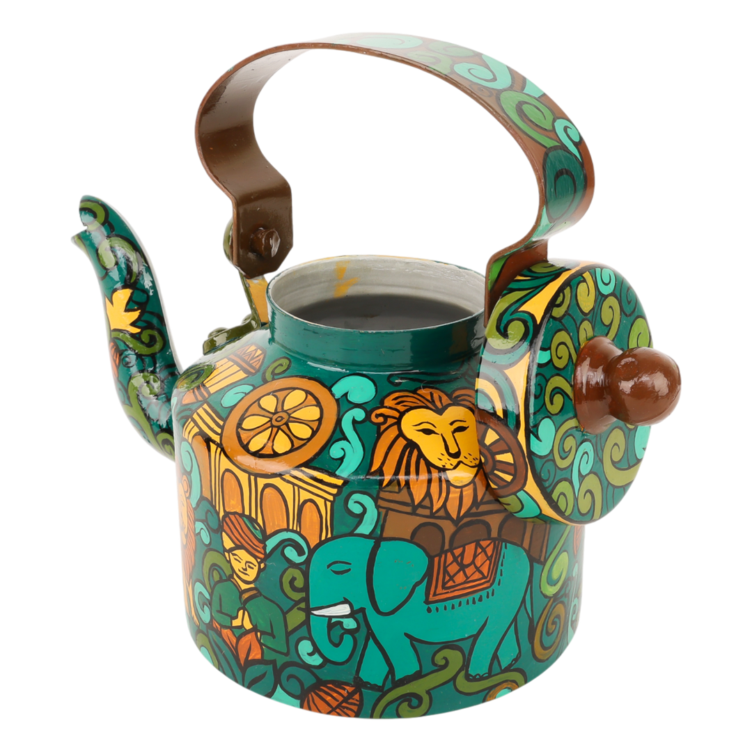 INDHA Hand-Painted Aluminum Decorative Kettle – Meditating Figure, Lion & Elephant Art | Nature-Inspired Floral Design | 1-Litre | Home Décor, Tea Serving & Gifting