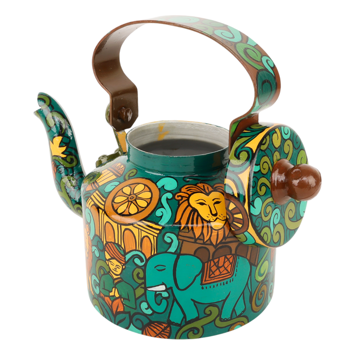 INDHA Hand-Painted Aluminum Decorative Kettle – Meditating Figure, Lion & Elephant Art | Nature-Inspired Floral Design | 1-Litre | Home Décor, Tea Serving & Gifting