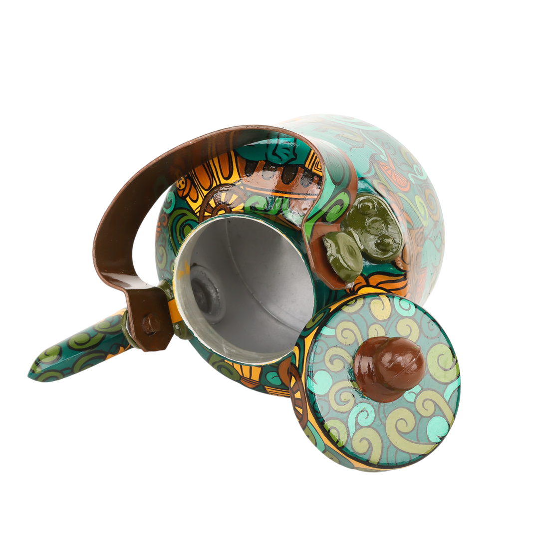 INDHA Hand-Painted Aluminum Decorative Kettle – Meditating Figure, Lion & Elephant Art | Nature-Inspired Floral Design | 1-Litre | Home Décor, Tea Serving & Gifting