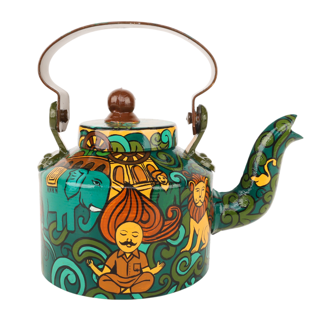 INDHA Hand-Painted Aluminum Decorative Kettle – Meditating Figure, Lion & Elephant Art | Nature-Inspired Floral Design | 1-Litre | Home Décor, Tea Serving & Gifting
